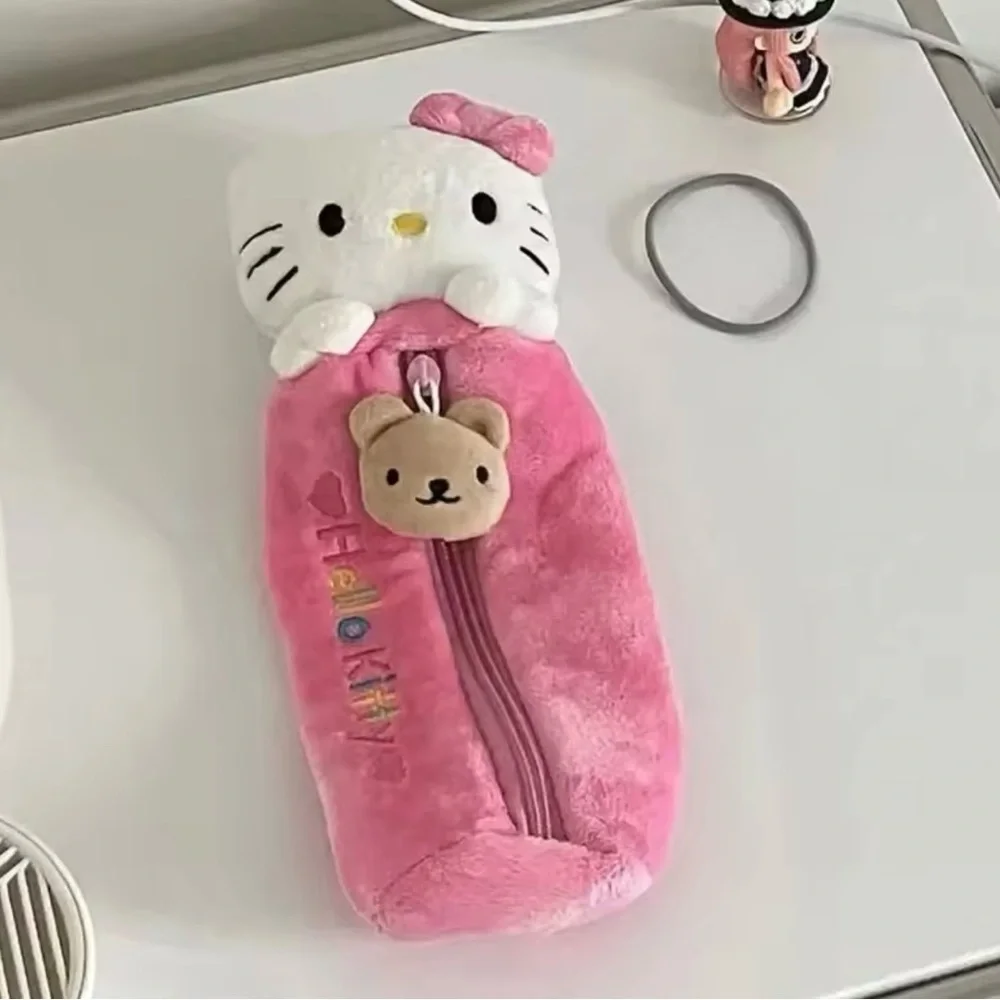 Hello Kitty Plush Pencil Case – Pink Soft Zipper Pouch with Bear Charm
